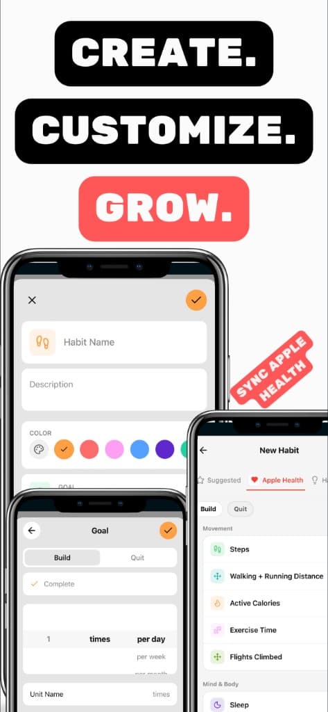 Create, customize, grow — sync with Apple Health